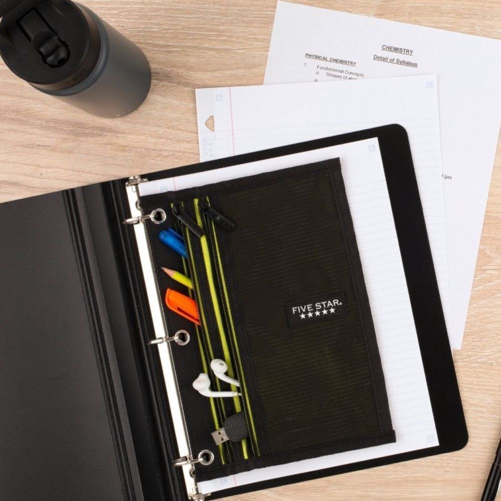 Five Star Black Green Silver Mesh Dual Zipper Binder Compatible Pencil Pouch